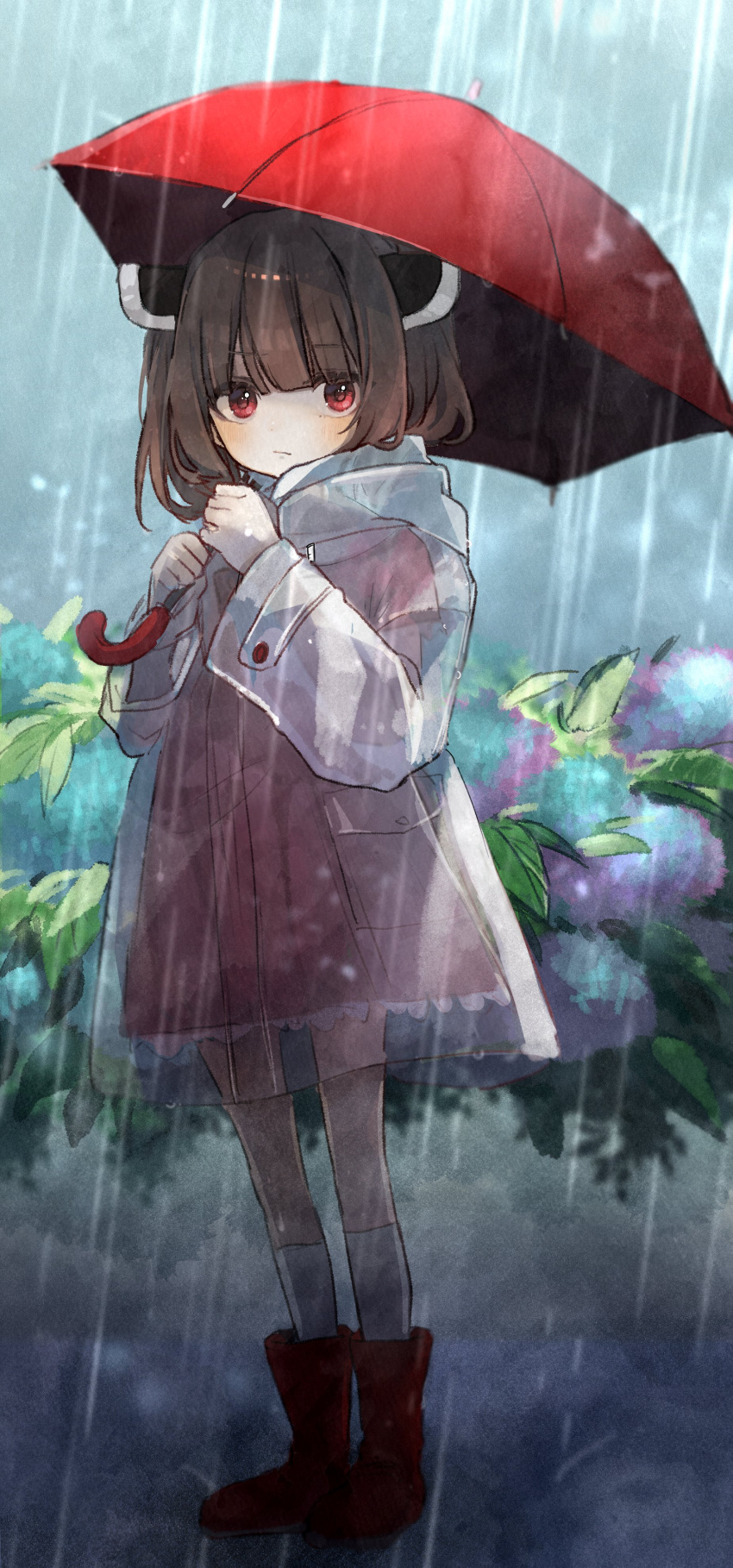 1girl absurdres blade blunt_bangs blush boots brown_hair closed_mouth commentary_request dress enpera flower full_body hands_up headgear highres holding holding_umbrella hood hood_down hooded_coat hydrangea kneehighs lace-trimmed_dress lace_trim long_sleeves looking_at_viewer medium_hair outdoors pink_dress rain red_eyes rubber_boots sayonaka_megumo short_dress socks solo touhoku_kiritan transparent_raincoat twintails two-handed umbrella voiceroid white_socks