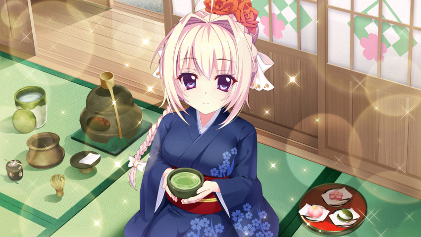 1girl ahoge blonde_hair blue_kimono bow braid breasts cup dot_nose film_grain floral_print flower food from_above furisode game_cg green_tea hair_bow hair_flower hair_intakes hair_ornament holding holding_cup indoors izumi_tsubasu japanese_clothes kimono large_breasts lens_flare long_braid long_hair looking_at_viewer mole mole_under_eye non-web_source object_request official_art re:stage! red_flower red_rose red_sash rose sash seiza shiratori_amaha_(re:stage!) shouji single_braid sitting sliding_doors smile solo sparkle tatami tea violet_eyes wagashi water white_bow wooden_floor