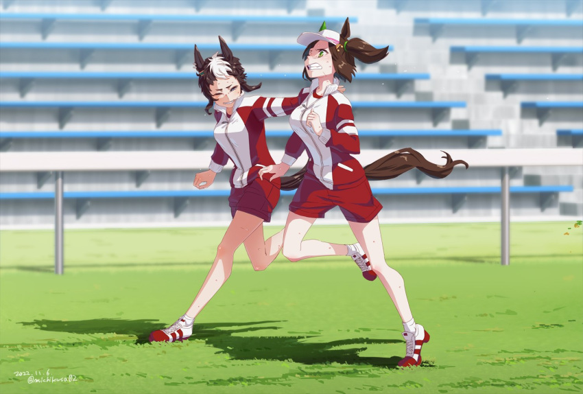 2girls animal_ears bleachers blurry blurry_background breasts brown_hair clenched_teeth dated green_eyes grin hand_on_another's_back high_heels horse_ears horse_girl horse_tail ines_fujin_(umamusume) jacket long_sleeves mejiro_ryan_(umamusume) multicolored_hair multiple_girls open_clothes open_jacket outdoors red_jacket red_shorts running shadow shirt shoes short_hair shorts side_ponytail small_breasts smile sneakers tail takuzui teeth twitter_username two-tone_hair umamusume visor_cap white_shirt