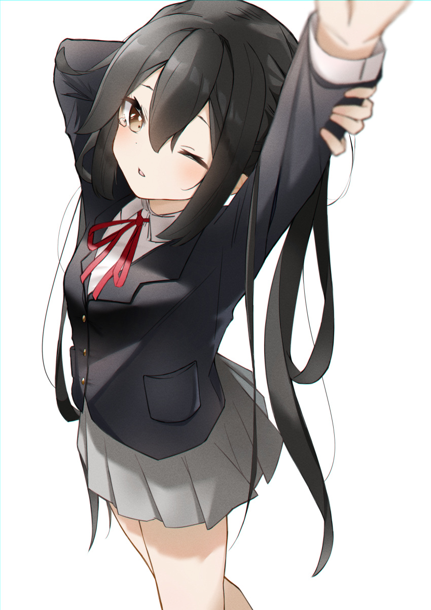 1girl absurdres arms_up black_hair black_jacket blazer brown_eyes collared_shirt commentary_request cowboy_shot from_above grey_skirt hair_between_eyes hand_on_own_arm highres holding_own_arm jacket k-on! long_hair looking_at_viewer nakano_azusa neck_ribbon one_eye_closed pleated_skirt pocket red_ribbon ribbon sakuragaoka_high_school_uniform school_uniform shirt sidelocks simple_background skirt standing thighs tntl_nemui twintails white_background white_shirt