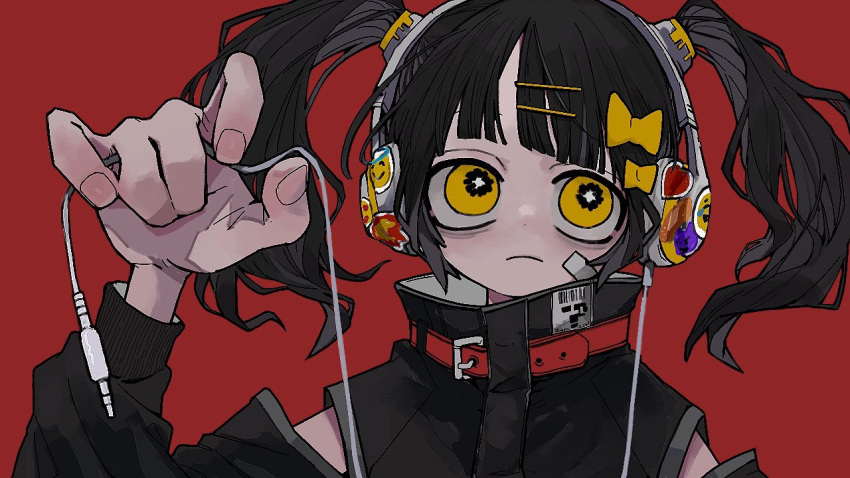 1girl audio_jack black_hair black_jacket bow cable closed_mouth clothing_cutout commentary fingernails hair_bow hair_ornament hairclip hand_up headphones high_collar holding holding_cable jacket long_sleeves looking_at_viewer medium_hair original oshio_(shioqqq) portrait red_background shoulder_cutout simple_background solo twintails yellow_bow yellow_eyes