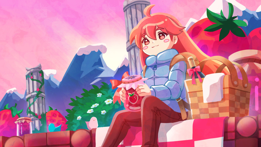 1girl :3 basket bird blanket blue_coat blush_stickers celeste_(video_game) closed_mouth coat day flower food fruit fuwamoko_momen_toufu highres long_hair long_sleeves looking_at_viewer madeline_(celeste) mountain outdoors pants picnic_basket pillar red_eyes red_pants redhead sitting smile solo strawberry
