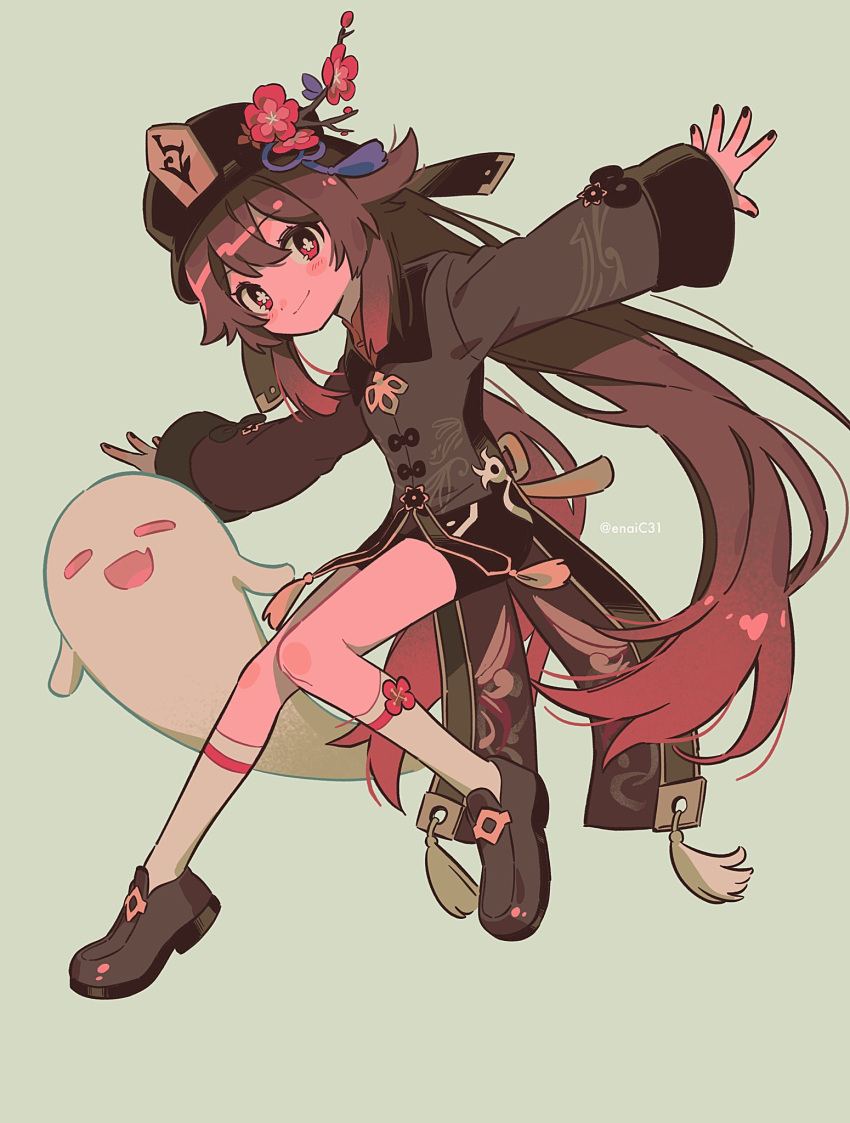 1girl boo_tao_(genshin_impact) brown_coat brown_hair closed_mouth coat flower flower-shaped_pupils genshin_impact ghost green_background hair_between_eyes hat hat_flower highres hu_tao_(genshin_impact) light_smile long_hair looking_at_viewer menma_(enaic31) nail_polish porkpie_hat red_eyes shoes shorts simple_background socks solo symbol-shaped_pupils very_long_hair white_socks