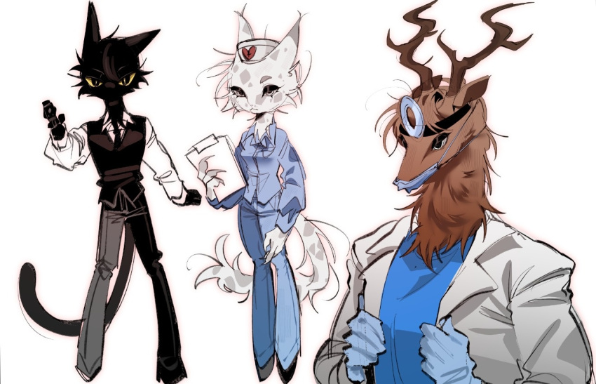 1girl 2boys animal_hospital_(roblox) antlers black_fur black_vest body_fur brown_fur cat_boy cat_girl clipboard commentary_request deer_boy doctor dr._harlow furry furry_female furry_male gloves gun hat head_mirror head_nurse_(animal_hospital) holding holding_clipboard holding_gun holding_weapon horns korean_commentary latex latex_gloves looking_at_viewer mask mouth_mask multiple_boys nurse nurse_cap pasta_nom roblox secret_agent_(animal_hospital) simple_background surgical_mask tail vest weapon white_background white_fur