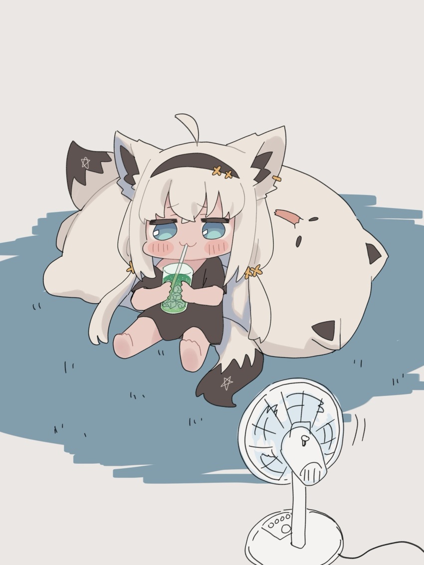 1girl ahoge animal_ears aqua_eyes barefoot black_shirt blush_stickers chibi chibi_only commentary_request creature cup drinking electric_fan facing_ahead fox_ears fox_girl fox_tail from_side fubuzilla_(shirakami_fubuki) glass headband highres holding holding_cup hololive hot ice ice_cube kohitsujida shirakami_fubuki shirakami_fubuki_(loungewear) shirt simple_background sitting solo summer tail twintails virtual_youtuber white_hair