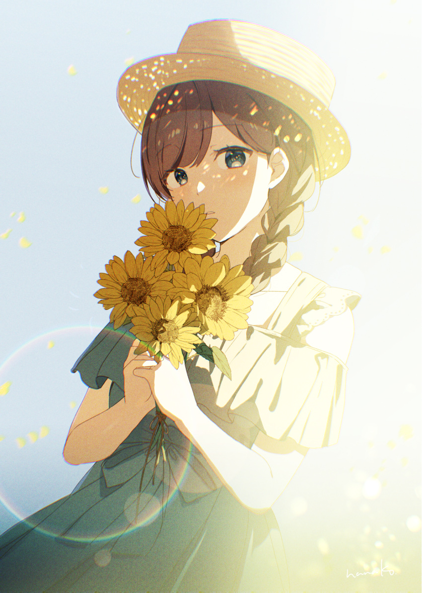 1girl blue_dress blue_eyes blush boater_hat braid brown_hair chromatic_aberration clothing_cutout collarbone commentary_request dot_nose dress flower frilled_dress frills front-tie_top hanako151 hat highres holding holding_flower lens_flare long_hair looking_at_viewer original own_hands_together parted_lips shade shoulder_cutout side_braid sidelighting signature sleeveless sleeveless_dress solo sundress sunflower sunlight swept_bangs teeth