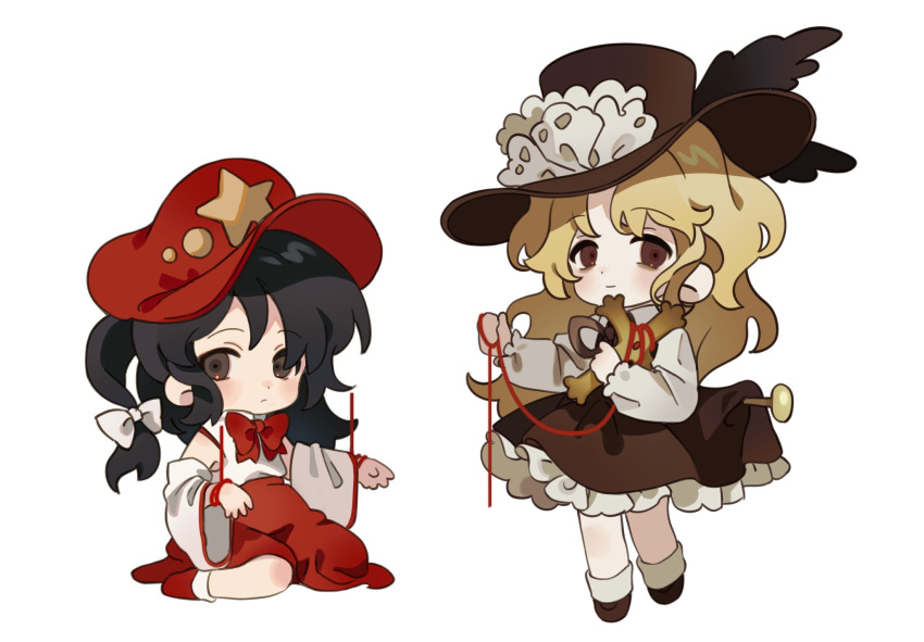 2girls bare_shoulders black_eyes black_hair blonde_hair bow bowtie brown_dress brown_eyes brown_footwear brown_headwear cabbie_hat chibi cross detached_sleeves dolls_in_pseudo_paradise dress flat_cap frilled_dress frilled_hat frills full_body hat hat_feather hat_ornament highres holding holding_cross jacket_girl_(dipp) kozumi_(tokuni_naitteba) label_girl_(dipp) long_hair long_sleeves medium_hair multiple_girls nontraditional_miko parted_bangs pinafore_dress red_bow red_bowtie red_footwear red_headwear red_rope red_skirt rope shirt side_ponytail simple_background sitting skirt sleeveless sleeveless_dress socks stake standing standing_on_one_leg star_(symbol) star_hat_ornament touhou wariza wavy_hair white_background white_shirt white_sleeves white_socks wide_sleeves