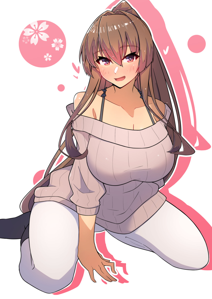 1girl bare_shoulders black_bra bra bra_strap breasts brown_hair collarbone eyebrows eyelashes female hair_between_eyes hair_intakes highres hips huge_breasts kantai_collection large_breasts long_hair long_sleeves looking_at_viewer off-shoulder_sweater off_shoulder osora_(judithandlilith) pants ponytail sidelocks solo sweater thick_thighs thighs underwear very_long_hair violet_eyes white_pants wide_hips yamato_(kancolle)