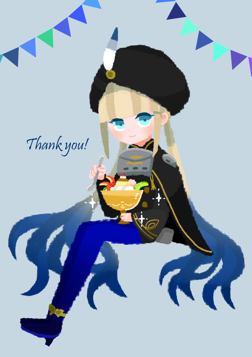 1boy androgynous aqua_eyes black_cape black_capelet black_hat blonde_hair blue_eyes blue_hair blue_pantyhose bowl cape capelet captain_nemo_(fate) captain_nemo_(third_ascension)_(fate) chalice closed_mouth cup fate/grand_order fate_(series) food full_body gold_trim gradient_hair grey_background hat hat_feather high_heels highres holding holding_bowl invisible_chair long_hair long_sleeves looking_at_viewer male_focus multicolored_hair nemo_(fate) no_lineart pants pantyhose parfait shirt sidelocks simple_background sitting smile solo sparkle spoon trap turban twintails two-tone_hair very_long_hair waniyama1993