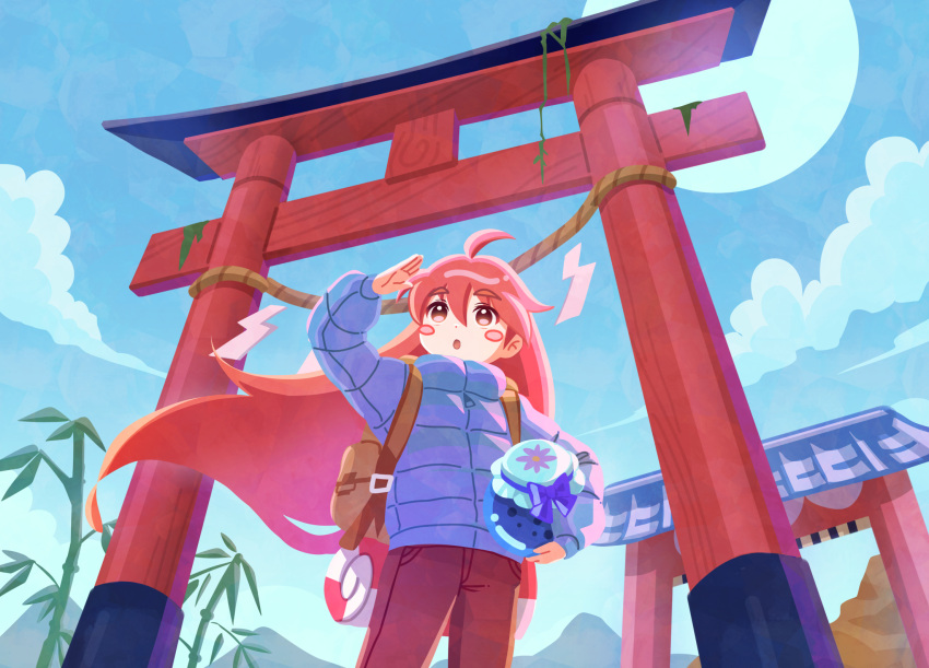 1girl ahoge arm_up backpack bag blue_coat blue_sky blush_stickers celeste_(video_game) clouds coat day fuwamoko_momen_toufu highres long_hair looking_away madeline_(celeste) outdoors parted_lips red_eyes redhead sky solo torii
