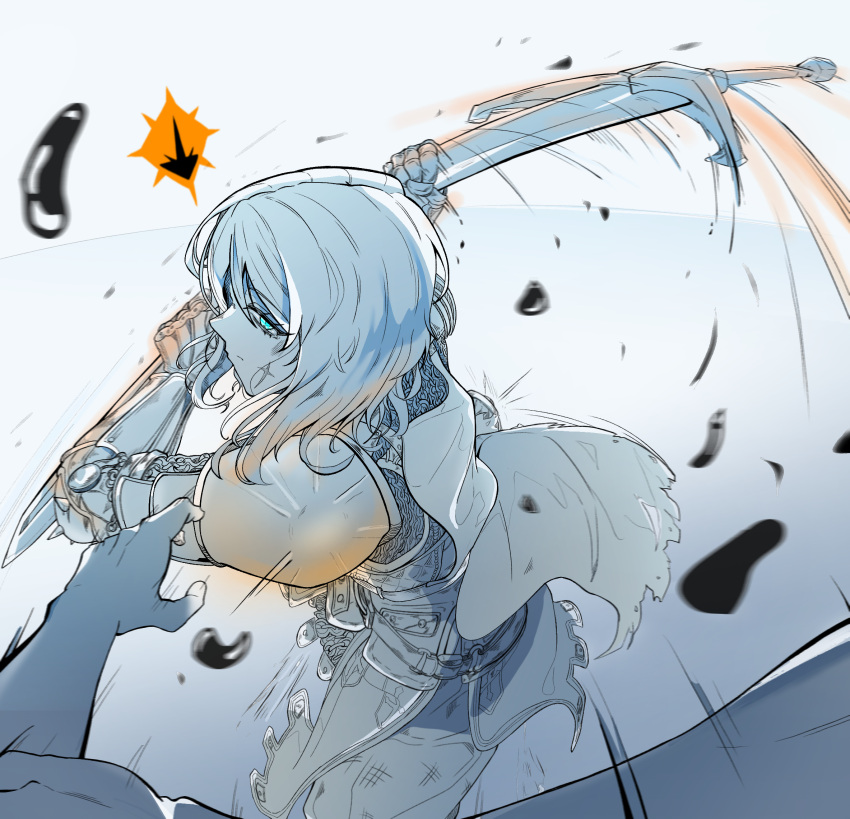 1boy aqua_eyes armor attacking_viewer cape choehye79976282 faust_(project_moon) from_side gloves hair_between_eyes highres holding holding_blade holding_sword holding_weapon limbus_company looking_at_viewer medium_hair pov project_moon scar solo_focus swinging_weapon sword weapon white_background white_hair zweihander