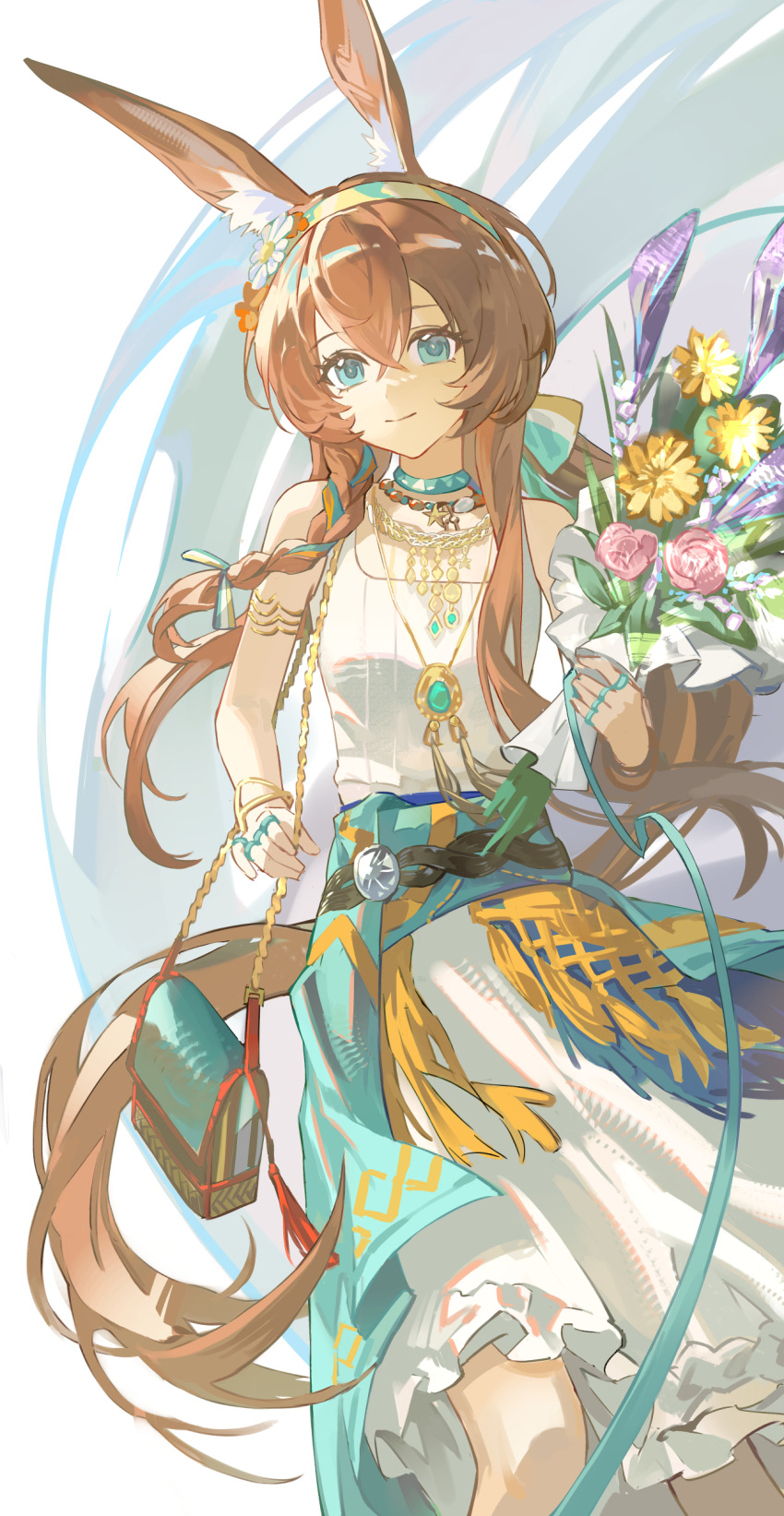 1girl absurdres amiya_(arknights) animal_ears aqua_eyes arknights blush braid breasts closed_mouth collarbone commentary_request day dress flower hair_between_eyes highres holding holding_flower long_hair looking_at_viewer pink_flower rabbit_ears rabbit_girl sleeveless sleeveless_dress small_breasts solo very_long_hair white_dress yellow_flower yinhepongpong