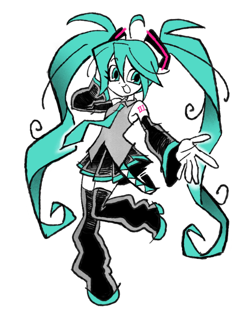 1girl :d aqua_eyes aqua_hair aqua_theme belt black_boots black_skirt black_sleeves boots buchithebug colored_skin detached_sleeves eyelashes grey_shirt hand_on_own_head hatsune_miku highres long_hair looking_at_viewer shirt sketch skirt smile toon_(style) twintails vocaloid white_background white_skin