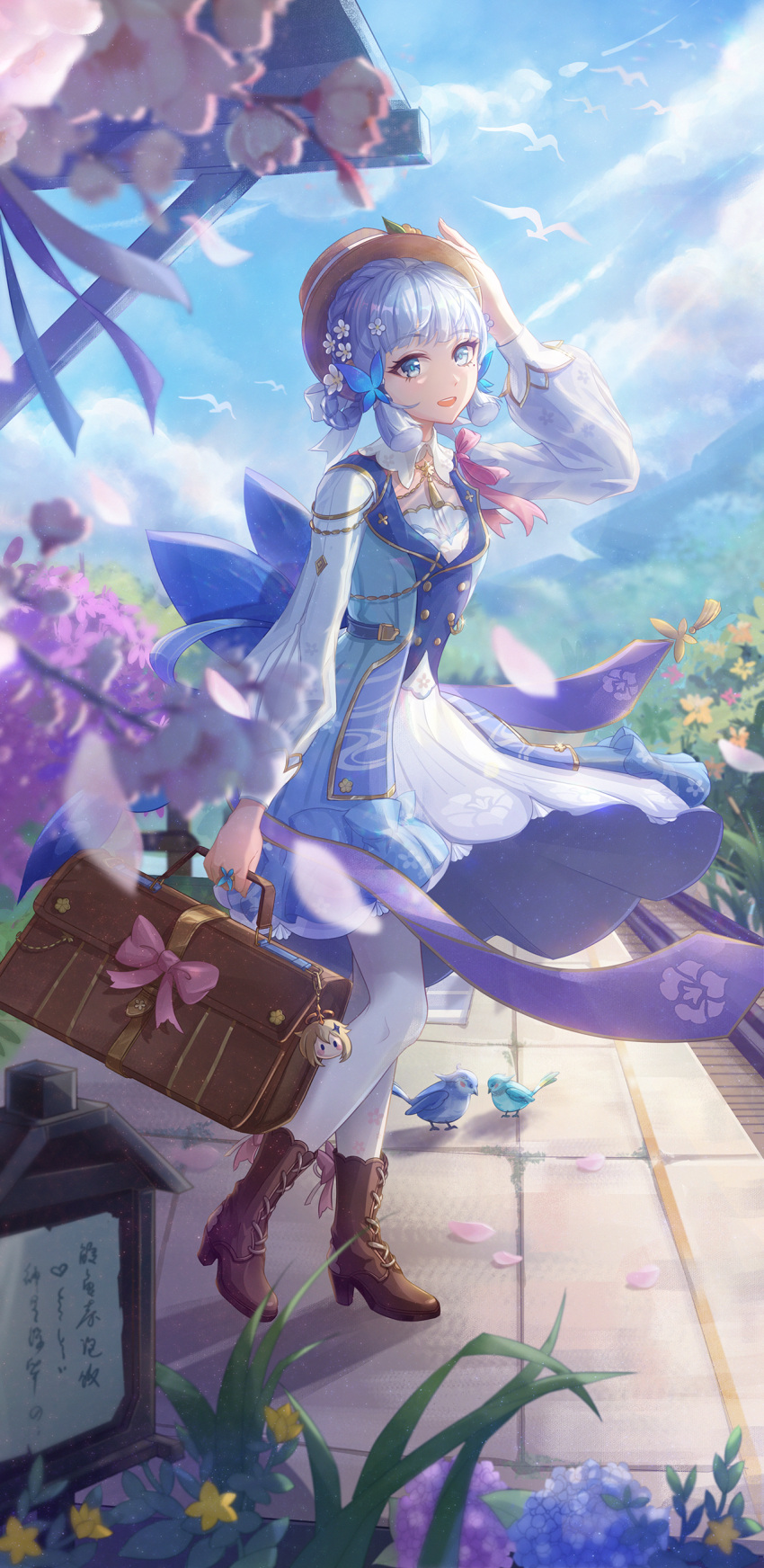 1girl :d absurdres back_bow bag bird blue_bird blue_bow blue_dress blue_eyes blue_flower blue_hair boots bow braid brown_bag brown_footwear brown_headwear bush butterfly_hair_ornament chinese_commentary clouds collar commentary_request day dress falling_petals flower full_body genshin_impact hair_flower hair_ornament hand_on_headwear hat highres holding holding_bag hydrangea kamisato_ayaka kamisato_ayaka_(springbloom_missive) keychain light_rays long_sleeves looking_at_viewer manyuchapaofan93687 official_alternate_costume open_mouth paimon_(genshin_impact) pantyhose petals pink_bow purple_flower railroad_tracks short_hair sign sky smile solo teeth upper_teeth_only white_collar white_flower white_pantyhose yellow_flower