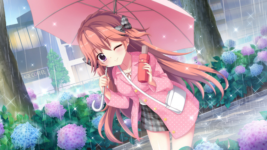 1girl bag blue_flower bow breasts buttons cityscape collarbone dot_nose dutch_angle film_grain flower flower_request game_cg grey_bow grey_skirt haeno_akari hair_bow handbag holding holding_umbrella izumi_tsubasu jacket leaning_forward long_hair looking_at_viewer medium_breasts miniskirt non-web_source official_art one_eye_closed orange_hair outdoors pink_flower pink_jacket pink_umbrella plaid plaid_skirt puddle rain re:stage! red_umbrella shirt skirt sky smile solo sparkle stone_walkway suit_jacket tree two_side_up umbrella under_umbrella very_long_hair violet_eyes white_bag white_shirt