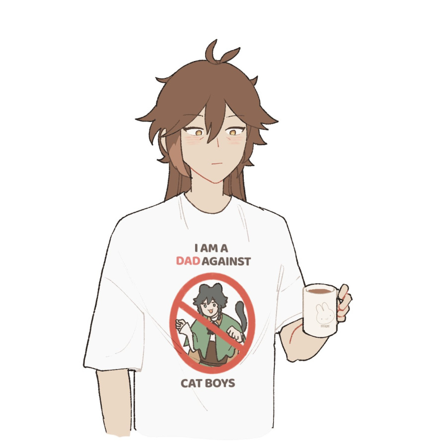 1boy androgynous animal_ears bard black_hair braid brown_hair cape cat_boy cat_ears cat_tail cup genshin_impact green_cape highres holding holding_cup long_hair long_sleeves looking_at_viewer male_focus mlem mug no_symbol orange_eyes otoko_no_ko shirt short_hair_with_long_locks side_braids simple_background smile t-shirt tail twin_braids venti_(genshin_impact) white_shirt zhongli_(genshin_impact)