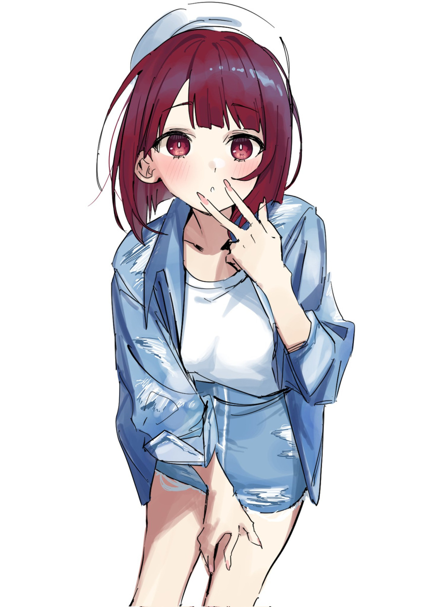 1girl :o arima_kana beret blue_jacket blue_skirt blunt_bangs collarbone cowboy_shot denim denim_skirt fingernails hand_on_own_thigh hat highres jacket long_fingernails long_sleeves looking_at_viewer open_clothes open_jacket oshi_no_ko pencil red_eyes redhead shirt simple_background skirt solo standing syhan v_over_mouth white_background white_headwear white_shirt