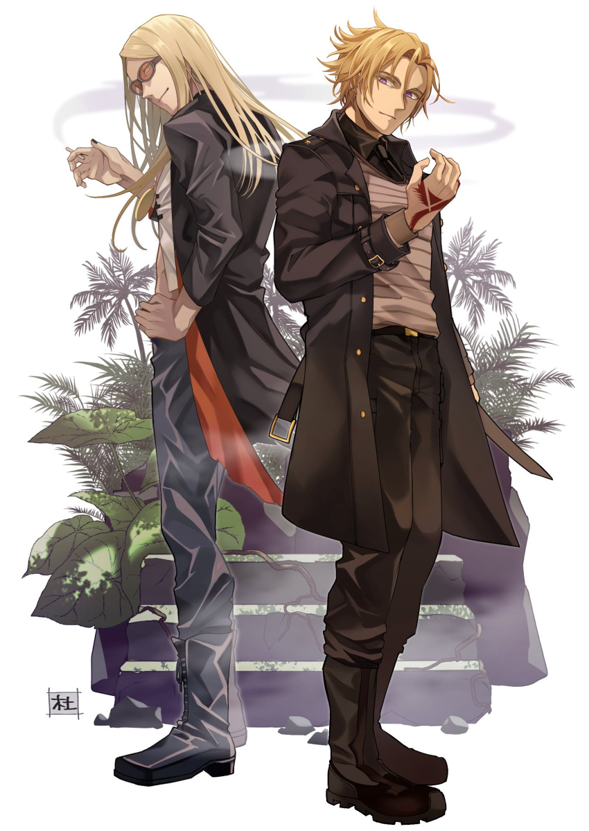 2boys absurdres aqua_eyes back-to-back belt black_belt black_coat black_footwear black_nails black_necktie black_pants black_shirt blonde_hair boots cigarette closed_mouth coat collared_shirt command_spell daybit_sem_void fate/grand_order fate_(series) flapper_shirt full_body grey_sweater hair_between_eyes hair_strand hand_on_own_hip highres holding holding_cigarette light_smile long_hair looking_at_viewer looking_back male_focus midriff morita_yuu moss multiple_boys necktie open_clothes open_coat orange-tinted_eyewear palm_tree pants parted_bangs plant shirt short_hair smile smoke stairs standing striped striped_sweater sunglasses sweater tezcatlipoca_(fate) tinted_eyewear tree violet_eyes white_background white_shirt