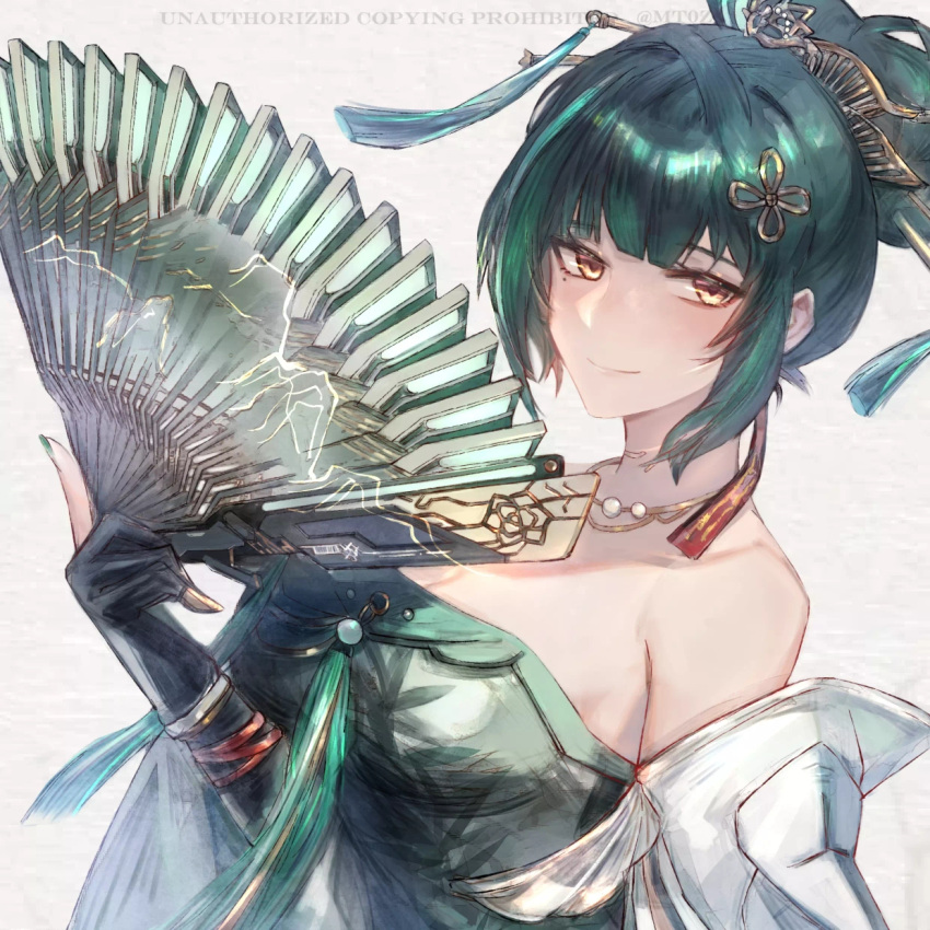 1girl bare_shoulders black_gloves breasts chinese_clothes dress gloves green_dress green_hair hair_ornament hairpin hand_fan hanying_(punishing:_gray_raven) highres jewelry large_breasts looking_at_viewer mt0z punishing:_gray_raven