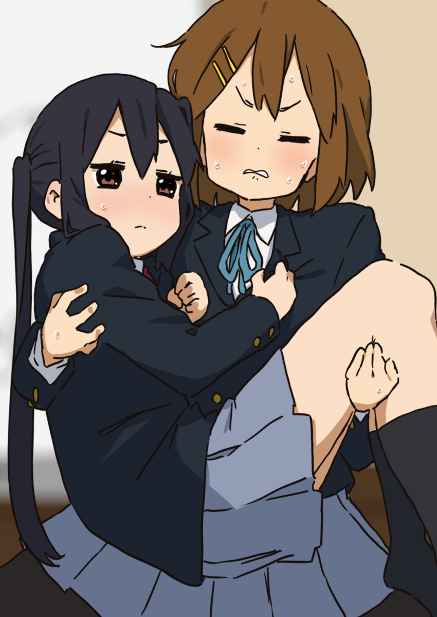 2girls black_hair black_socks blazer blue_skirt blush brown_eyes brown_hair buttons carrying closed_eyes commentary_request grimace hair_ornament hairclip hand_on_another's_chest highres hirasawa_yui jacket k-on! kicchi_(tmgk) lifting_person long_hair multiple_girls nakano_azusa pantyhose princess_carry ribbon sakuragaoka_high_school_uniform school_uniform short_hair skirt socks struggling sweat twintails