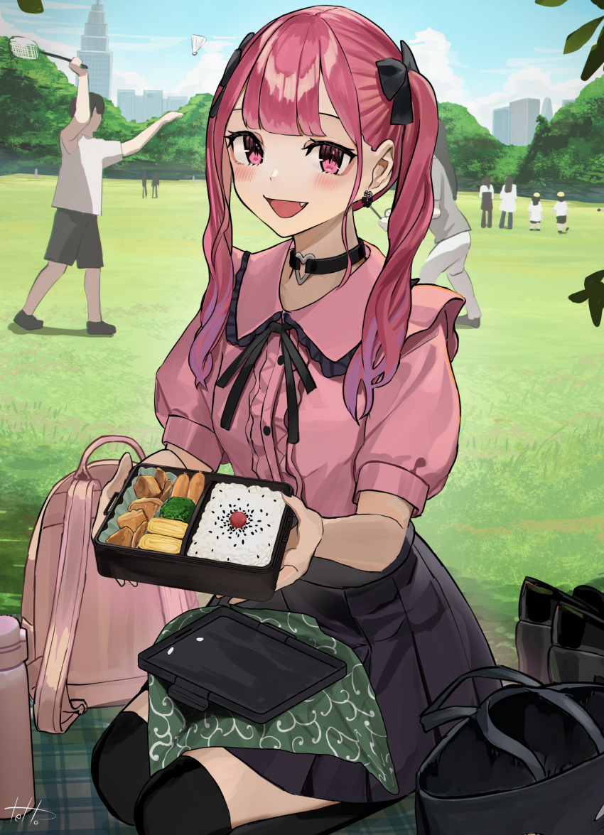 1boy 4girls :d absurdres backpack backpack_removed badminton bag bento black_thighhighs choker day earrings fang food heart heart_choker highres hinamizawa_hinami holding holding_food jewelry jirai_kei karakusa_(pattern) looking_at_viewer multiple_girls original outdoors park picnic pink_eyes pink_hair pov puffy_short_sleeves puffy_sleeves seiza shoes shoes_removed short_sleeves sitting smile solo_focus tetto_(onnoveltet) thermos thigh-highs twintails