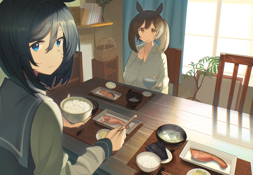 2girls absurdres animal_ears ashinowoto basket black_hair blue_eyes book bowl breasts brown_hair chair chopsticks chopsticks_in_mouth closed_mouth commentary_request curtains eishin_flash_(umamusume) highres holding holding_bowl holding_chopsticks horse_ears indoors long_sleeves looking_at_viewer medium_breasts miso_soup multiple_girls nori_(seaweed) orange_eyes pajamas plant plate potted_plant rice_bowl sailor_collar salmon school_uniform sitting smart_falcon_(umamusume) smile table tracen_school_uniform twintails umamusume window