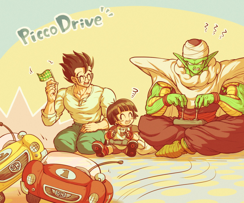 1girl 2boys :d ^_^ angry biceps black_hair black_nails blue_background blunt_bangs blunt_ends blush blush_stickers cape clenched_teeth closed_eyes colored_skin commentary_request controller dougi dragon_ball dragon_ball_super eyelashes fang father_and_daughter fingernails flag glasses green_pants green_skin hand_up holding holding_flag joystick koukyouji long_sleeves motion_lines multicolored_background multiple_boys muscular muscular_male namekian notice_lines open_mouth pan_(dragon_ball) pants piccolo pink_background pointy_ears purple_pants rectangular_eyewear red_footwear red_sash sash shirt shoes short_hair short_sleeves shorts shoulder_pads sidelocks simple_background sitting smile son_gohan spiky_hair squiggle sweatdrop teeth toy_car turban v-shaped_eyebrows white_cape white_shirt yellow_background