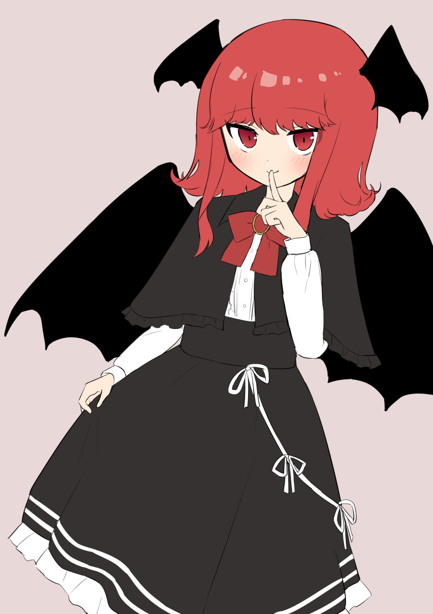 144udy 1girl absurdres bat_wings black_capelet black_dress blunt_bangs blush bow bowtie brooch capelet center_frills cowboy_shot dress finger_to_mouth foul_detective_satori frills grey_background hand_up head_wings highres jewelry koakuma looking_at_viewer medium_hair red_bow red_bowtie red_eyes redhead shushing simple_background smile solo touhou wings