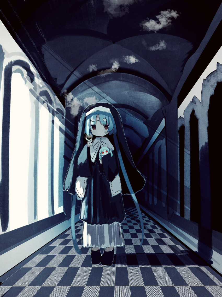 1girl aimaina arch bandaid bandaid_on_face black_dress blue_eyes blue_hair blunt_bangs checkered_floor cigarette commentary doll dot_mouth dress full_body habit hair_ornament hallway hatsune_miku highres hikimayu holding holding_cigarette holding_doll indoors kamippoina_(vocaloid) long_hair nun red_eyes shadow sidelighting sideways_glance slit_pupils smoke standing syare_0603 twintails very_long_hair vocaloid