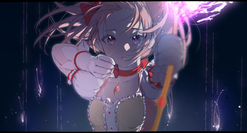 1girl aiming arms_up blurry blurry_background bow_(weapon) breasts buttons center_frills choker close-up collarbone dark_background darkness depth_of_field dot_nose expressionless eyelashes fighting_stance floating_hair frills gloves hair_ribbon highres holding holding_bow_(weapon) holding_weapon kaname_madoka letterboxed light_particles looking_at_viewer magic mahou_shoujo_madoka_magica medium_breasts messy_hair outstretched_arm parted_lips pink_eyes pink_hair red_choker red_ribbon ribbon ribbon_choker shi_xu_jiu_zhou short_twintails sidelighting solo soul_gem twintails upper_body weapon white_gloves