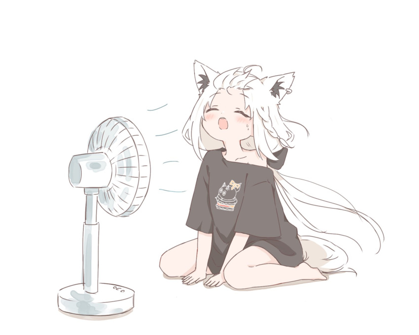 1girl animal_ear_fluff animal_ear_piercing animal_ears barefoot black_shirt blush bow braid closed_eyes collarbone commentary_request earrings electric_fan facing_viewer fox_ears fox_girl fox_tail from_side full_body hair_bow highres hololive hot jewelry long_hair non24873754 on_floor open_mouth ponytail shirakami_fubuki shirt single_braid single_earring single_off_shoulder sitting solo sweat tail virtual_youtuber wariza white_background white_hair