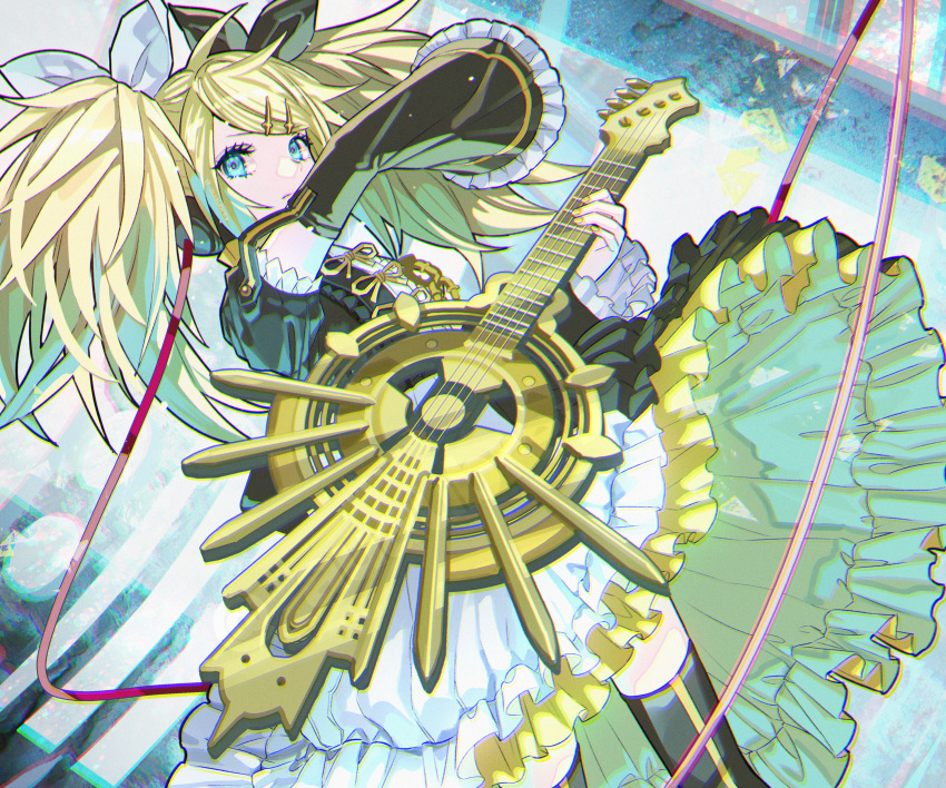 1girl absurdres alternate_costume alternate_hairstyle blonde_hair blue_eyes bow closed_mouth detached_sleeves dress frilled_dress frills guitar hair_bow hair_ornament hair_ribbon hairclip headphones highres instrument kagamine_rin kyarairo long_hair looking_at_viewer music playing_instrument ribbon roshin_yuukai_(vocaloid) solo thigh-highs twintails two-tone_dress vocaloid yellow_nails zettai_ryouiki