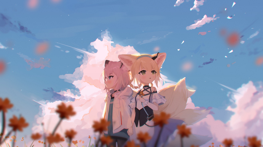 2girls absurdres animal_ears arknights bare_shoulders black_collar blonde_hair blue_eyes blue_sky blue_vest blurry blurry_foreground blush braid closed_mouth clothing_cutout collar commentary cowboy_shot dress earpiece evening flower fox_ears fox_girl fox_tail frilled_dress frills green_eyes highres holding holding_flower holding_hands hood hood_down hooded_jacket infection_monitor_(arknights) jacket kattowu kitsune kyuubi multicolored_hair multiple_girls multiple_tails oripathy_lesion_(arknights) outdoors parted_lips pink_hair purple_dress short_hair shoulder_cutout sky sussurro_(arknights) suzuran_(arknights) tail twin_braids two-tone_hair upper_body vest white_hair white_jacket wide_shot wrist_cuffs