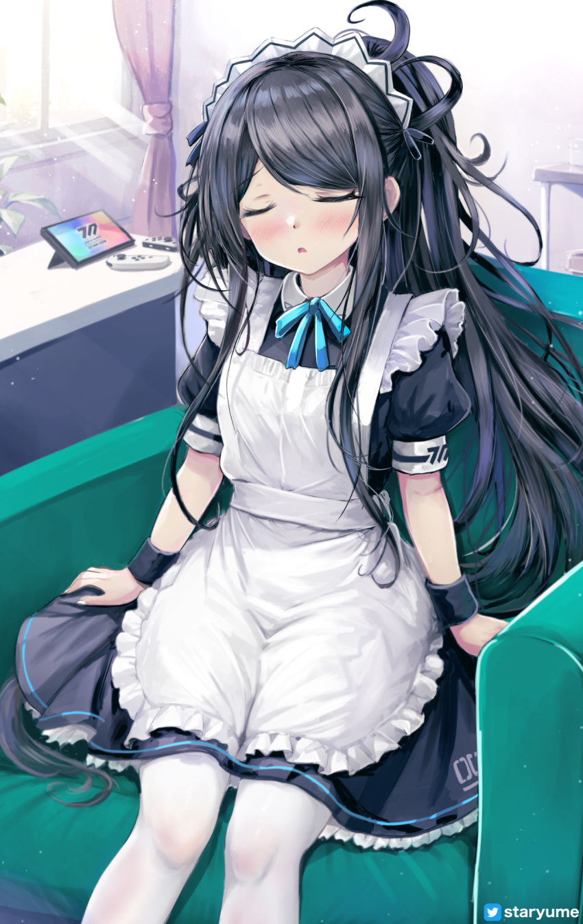 1girl :o apron aris_(blue_archive) aris_(maid)_(blue_archive) black_dress blue_archive blue_ribbon blush borrowed_clothes closed_eyes collared_dress commentary_request curtains day dress facing_viewer feet_out_of_frame frilled_apron frills highres indoors maid maid_apron neck_ribbon on_chair pantyhose parted_lips partial_commentary puffy_short_sleeves puffy_sleeves ribbon short_sleeves sitting solo staryume sunlight swept_bangs white_apron white_pantyhose window