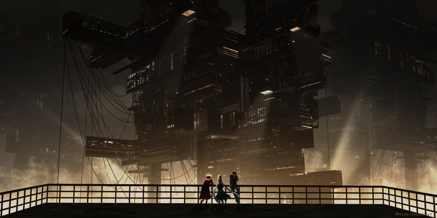 1boy 1girl 1other against_railing balcony black_jacket black_pants cable charon_(limbus_company) city coat dante_(limbus_company) facing_away fire from_behind grey_hair highres jacket k1307752891667 limbus_company long_hair low_twintails pants project_moon railing red_coat scenery smoke twintails vergilius_(project_moon) very_long_hair wide_shot