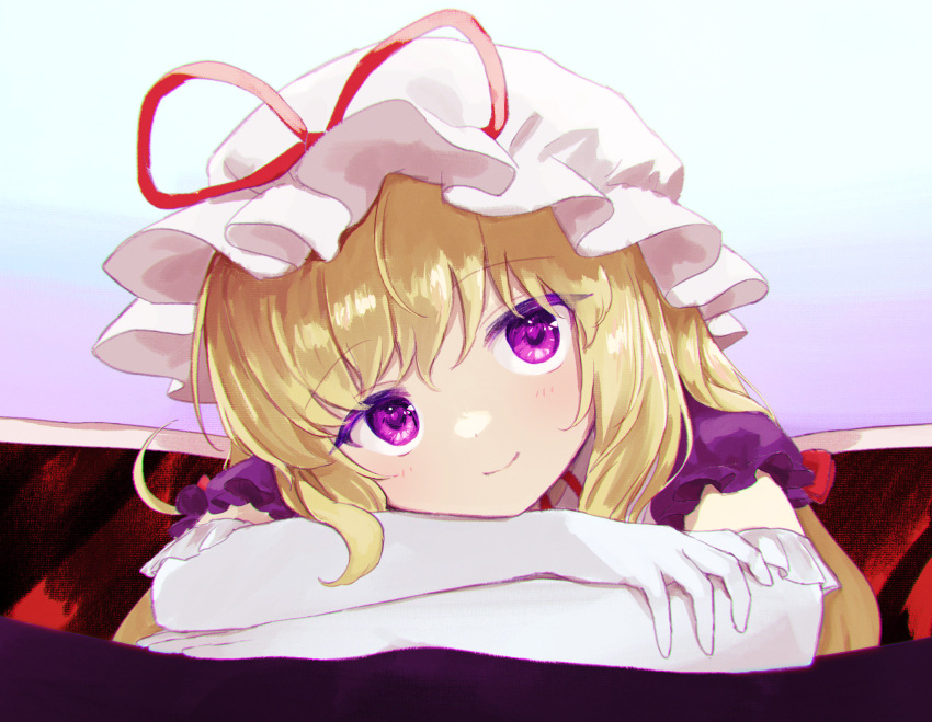 144udy 1girl blonde_hair dress elbow_gloves frills from_above gloves hat hat_ribbon head_rest head_tilt highres light_blush long_hair looking_at_viewer mob_cap puffy_short_sleeves puffy_sleeves purple_dress red_ribbon ribbon short_sleeves smile solo touhou upper_body violet_eyes wall white_gloves wooden_floor yakumo_yukari