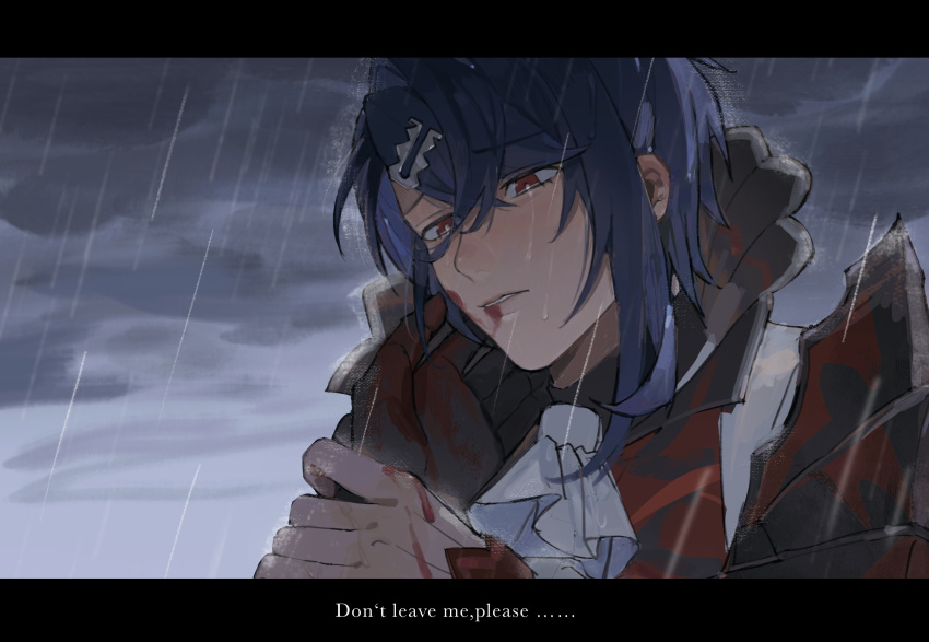 1boy alcryst_(fire_emblem) ascot black_gloves blood blood_on_face blood_on_hands blue_hair english_text fire_emblem fire_emblem_engage gloves hair_between_eyes hair_ornament hairclip hand_on_another's_face high_collar highres holding looking_at_another male_focus rain red_eyes short_hair solo_focus white_ascot wogesb