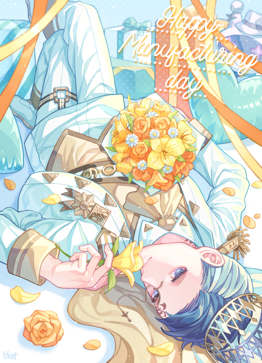 1boy ascot blue_eyes blue_hair bouquet brown_ascot brown_cape cape crown einsatz_(technoroid) epaulettes facial_mark flower forehead_mark formal gift happy_birthday harusatonougyou hat hat_removed headwear_removed highres holding holding_flower lying male_focus medal monocle on_back pants solo suit technoroid thigh_strap white_pants white_suit yellow_flower