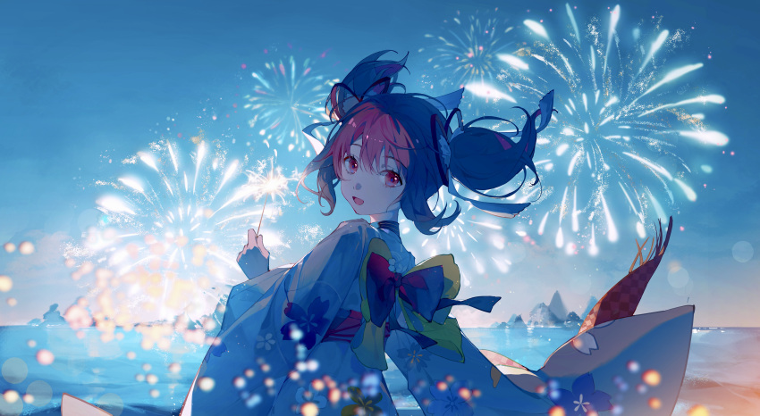 1girl absurdres back_bow blue_sky blue_theme blurry bokeh bow celina checkered_sash clear_sky depth_of_field dot_nose evening eyelashes fireworks floating_hair floral_print fringe_trim gradient_sky hair_between_eyes hair_ribbon happy hibiscus_print highres holding holding_fireworks horizon japanese_clothes kaname_madoka kaname_madoka_(haregi_ver.) kimono light_particles light_smile limited_palette looking_at_viewer looking_back mahou_shoujo_madoka_magica mountain mountainous_horizon obi outdoors parted_lips pink_eyes pink_kimono red_bow red_ribbon red_sash reflection ribbon sash short_twintails sidelocks sky solo sparkler summer summer_festival twintails upper_body water waves yellow_bow yellow_sky