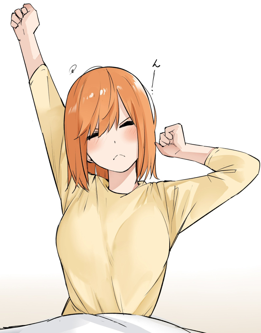 1girl blush breasts brown_background closed_eyes closed_mouth facing_viewer go-toubun_no_hanayome gradient_background highres long_sleeves mame1645 medium_breasts nakano_yotsuba orange_hair shirt solo stretching under_covers upper_body v-shaped_eyebrows waking_up white_background yellow_shirt