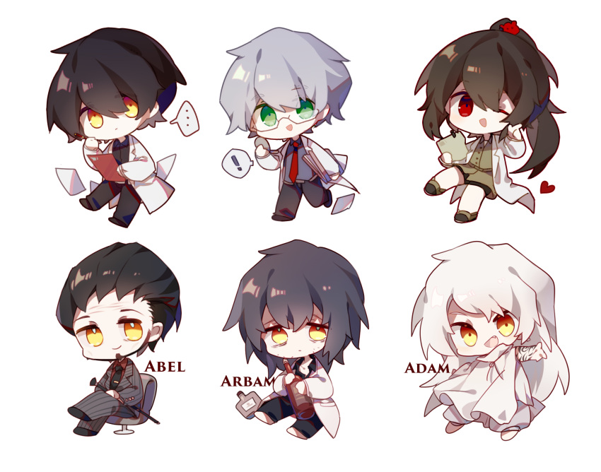 ! ... 1girl 5boys abel_(project_moon) abram_(project_moon) adam_(project_moon) ayin_(project_moon) benjamin_(project_moon) black_hair black_necktie black_pants black_shirt black_shorts brown_hair carmen_(project_moon) character_name chibi chinese_commentary clipboard closed_mouth collared_shirt commentary_request fang glasses green_eyes green_shirt grey_hair grey_jacket grey_pants grey_shirt haokoooo heart highres holding holding_clipboard jacket lab_coat lobotomy_corporation long_hair long_sleeves medium_hair multiple_boys necktie no_nose one_eye_closed open_collar open_mouth pants papers ponytail project_moon red_necktie red_shirt shirt short_hair shorts simple_background sitting smile spoken_ellipsis spoken_exclamation_mark striped striped_jacket striped_pants tie_clip vertical-striped_jacket vertical-striped_pants vertical_stripes white_background white_hair white_pants white_shirt wrinkled_skin yellow_eyes