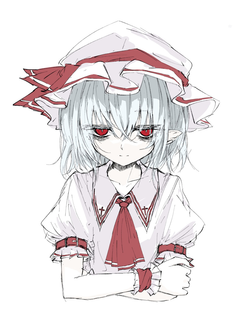 1girl aizettonagi cropped_torso dress flat_chest grey_hair half-closed_eyes hat highres looking_at_viewer medium_hair mob_cap red_eyes remilia_scarlet simple_background solo touhou upper_body white_background white_dress