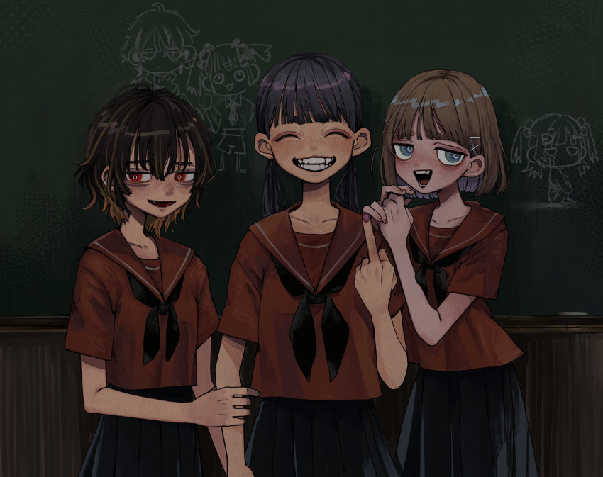 3girls ^_^ aqua_eyes black_hair black_neckerchief blunt_bangs bob_cut breasts brown_hair chalkboard classroom closed_eyes collarbone commentary_request cowboy_shot drawing grey_skirt grin hand_up hands_on_another's_shoulder hands_up highres holding_another's_arm indoors looking_at_viewer medium_hair middle_finger multiple_girls nail_polish neckerchief original oshio_(shioqqq) own_hands_together parted_lips pink_nails pleated_skirt red_eyes red_sailor_collar red_shirt sailor_collar sailor_shirt school_uniform serafuku shirt short_hair short_sleeves skirt small_breasts smile standing summer_uniform