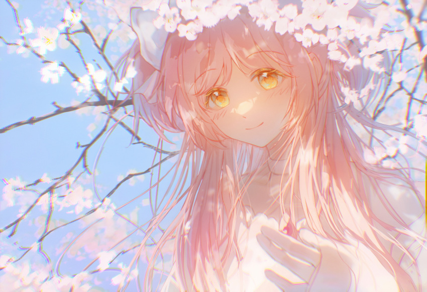 1girl absurdres blue_sky blush branch cha_xinzi cherry_blossoms choker chromatic_aberration clear_sky closed_mouth colored_eyelashes dappled_sunlight day dot_nose eyelashes floating_hair flower gloves goddess_madoka hair_ribbon hair_strand hand_up happy highres kaname_madoka limited_palette long_hair looking_at_viewer mahou_shoujo_madoka_magica outdoors pale_color parted_bangs pink_flower pink_hair pink_theme ribbon shade sidelighting sidelocks sky smile solo spring_(season) straight_hair sunlight tareme two_side_up very_long_hair white_choker white_gloves white_ribbon white_theme yellow_eyes