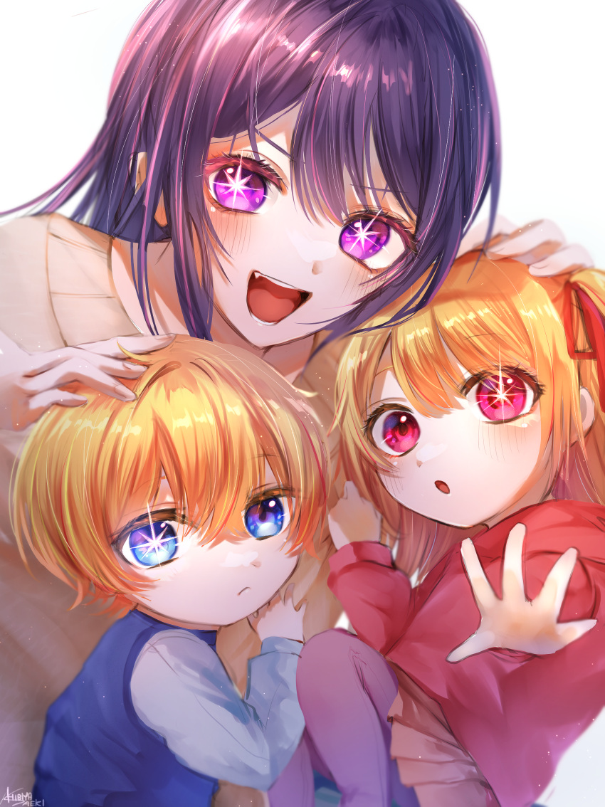 1boy 2girls absurdres blonde_hair blue_eyes blue_shirt closed_mouth commentary_request family hand_on_another's_head hibiya_saeki highres hood hoodie hoshino_ai_(oshi_no_ko) hoshino_aquamarine hoshino_ruby long_hair mother_and_daughter mother_and_son multiple_girls open_mouth oshi_no_ko partial_commentary pink_eyes purple_hair red_hoodie red_ribbon ribbon shirt short_hair siblings side_ponytail signature smile star-shaped_pupils star_(symbol) sweater symbol-shaped_pupils twins violet_eyes white_sweater