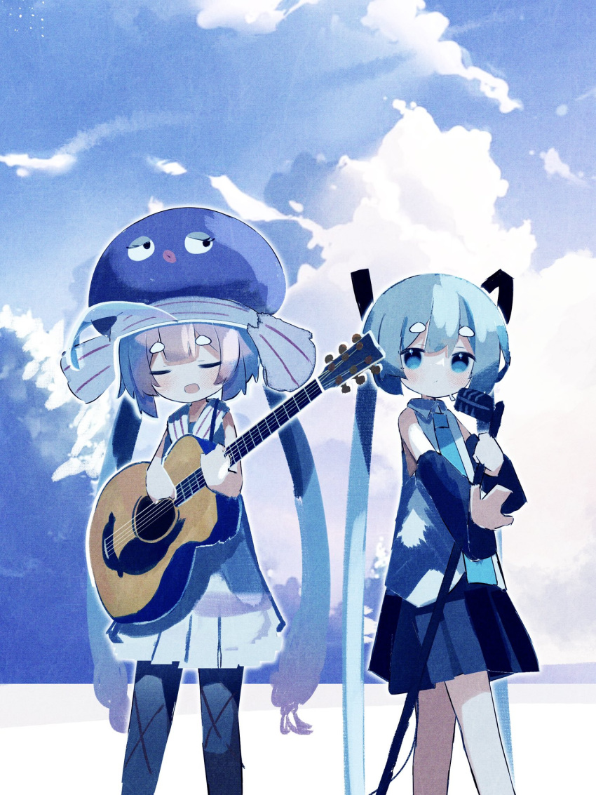 2girls acoustic_guitar aqua_eyes aqua_hair aqua_necktie bare_shoulders black_skirt black_sleeves blue_hair blue_headwear closed_eyes clouds cloudy_sky collared_dress commentary cowboy_shot day detached_sleeves dot_mouth dress eel_hat eyelashes guitar hair_ornament hatsune_miku highres hikimayu holding holding_instrument holding_microphone_stand instrument large_hat lips long_hair microphone microphone_stand miniskirt multiple_girls music necktie open_mouth otomachi_una otomachi_una_(talkex) outdoors outstretched_arm pantyhose playing_instrument pleated_skirt puckered_lips purple_dress sailor_collar skirt sky sleeveless sleeveless_dress standing syare_0603 talkex twintails very_long_hair vocaloid voiceroid white_sailor_collar