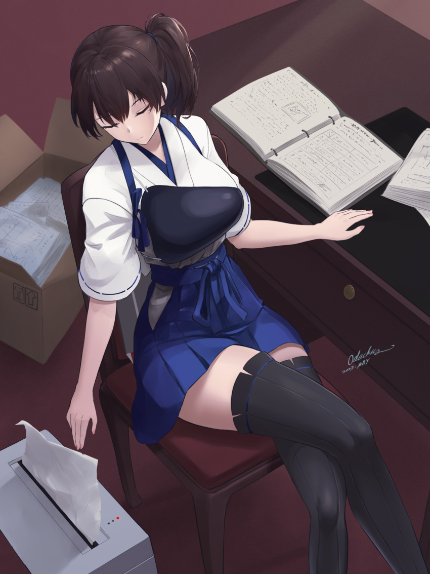 1girl black_thighhighs blue_hakama book box breasts brown_hair cardboard_box closed_eyes commentary_request crossed_legs dated hair_between_eyes hakama hakama_skirt highres indoors japanese_clothes kaga_(kancolle) kantai_collection kimono large_breasts long_hair muneate odachu on_chair open_book paper pleated_skirt printer short_sleeves side_ponytail signature sitting skirt solo table thigh-highs white_kimono