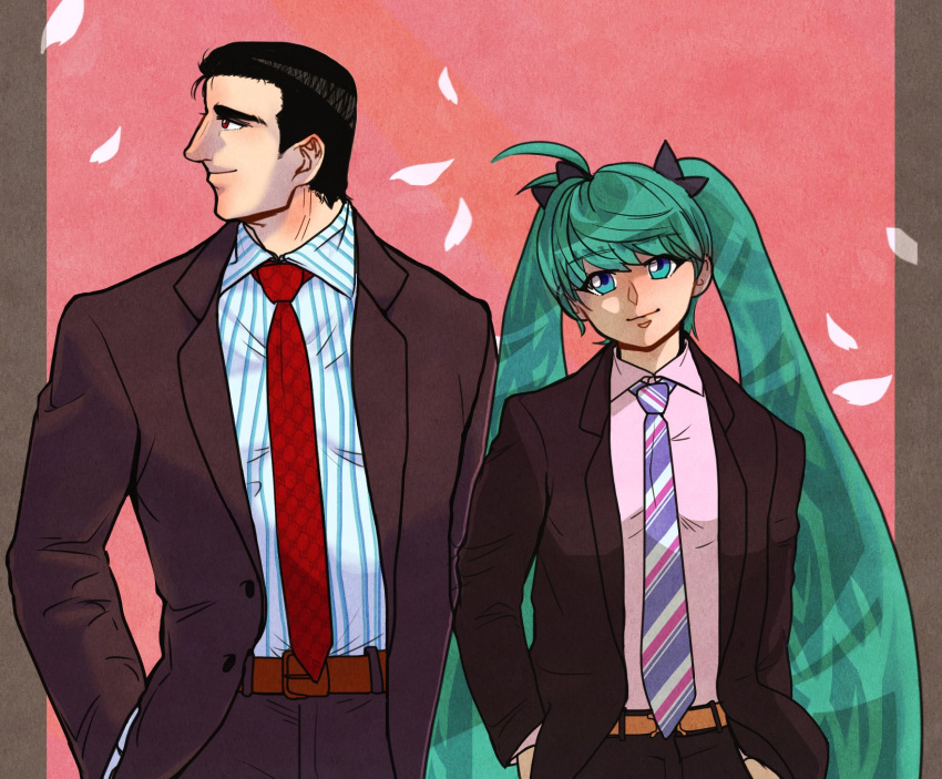 1girl abe_takakazu alternate_costume aqua_hair belt black_hair black_suit blue_eyes brown_belt closed_mouth crossover dress_shirt falling_petals formal hair_ornament hair_ribbon hair_slicked_back hand_in_pocket hatsune_miku highres kuso_miso_technique long_hair looking_at_another looking_to_the_side necktie pant_suit pants petals pink_background pink_shirt pppmaro red_eyes red_necktie ribbon shirt smile striped striped_necktie striped_shirt suit twintails very_long_hair vocaloid