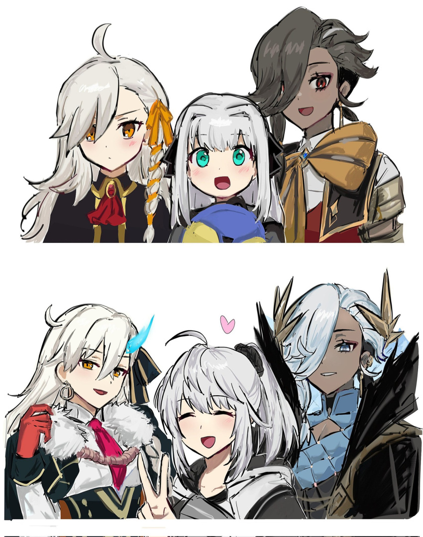 1boy 2girls age_progression ahoge aqua_eyes ascalaphus_(fate) ascalaphus_acheron_(fate) blush braid brown_eyes closed_eyes dark_skin fate/grand_order fate_(series) gray_(fate) gray_lily_(fate) gray_lily_(saber)_(fate) grey_hair hair_over_one_eye highres long_hair multiple_girls necktie nekwnek olga_marie_animusphere olga_marie_animusphere_(unbeast) olga_marie_animusphere_(young) one_eye_covered red_eyes red_necktie simple_background smile v white_background white_hair
