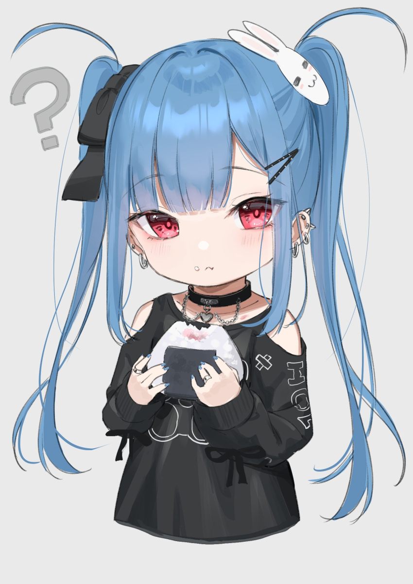 1girl :t ? black_bow black_collar black_shirt blue_hair blue_nails bow closed_mouth clothing_cutout collar collarbone commentary_request cropped_torso ear_piercing eating food food_on_face grey_background hair_bow hair_ornament hairclip heart highres holding holding_food long_hair long_sleeves looking_at_viewer nail_polish onigiri original piercing puffy_long_sleeves puffy_sleeves rabbit_hair_ornament rice rice_on_face shirt shoulder_cutout simple_background sleeves_past_wrists solo tsukiman twintails upper_body very_long_hair wavy_mouth